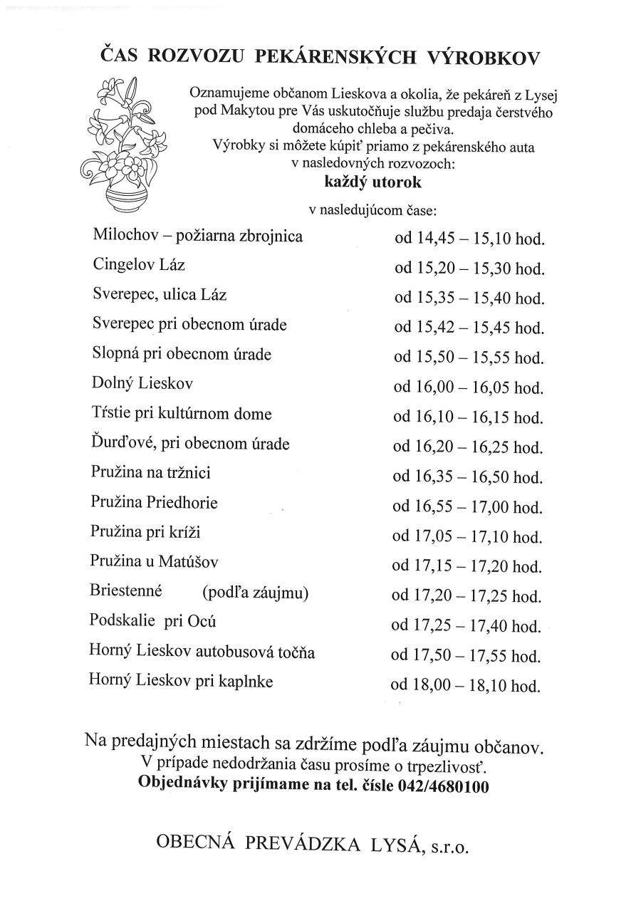 rozvoz chleba lieskov a okolie