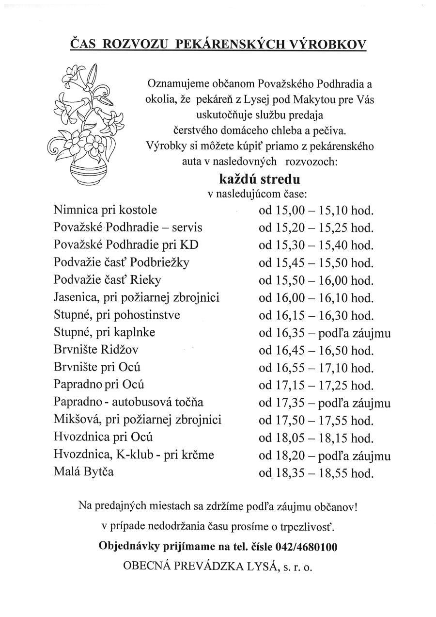 predaj chleba a pekrenskch vrobkov povask podhradie
