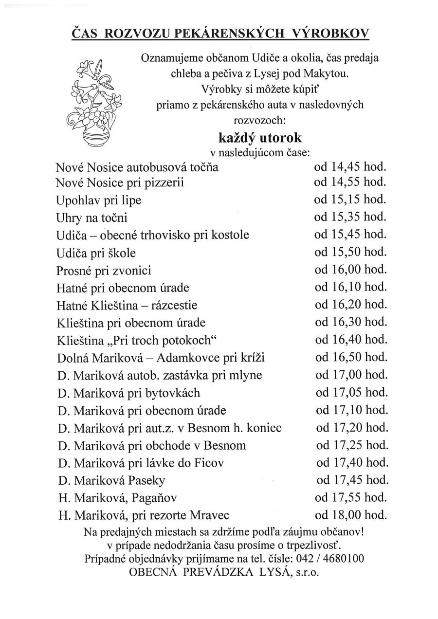 predaj chleba Udia a okolie