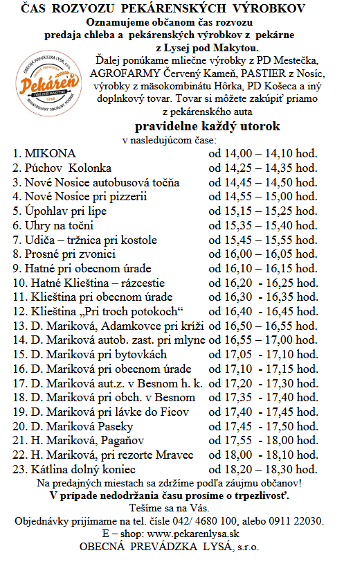 predaj chleba Udia a okolie