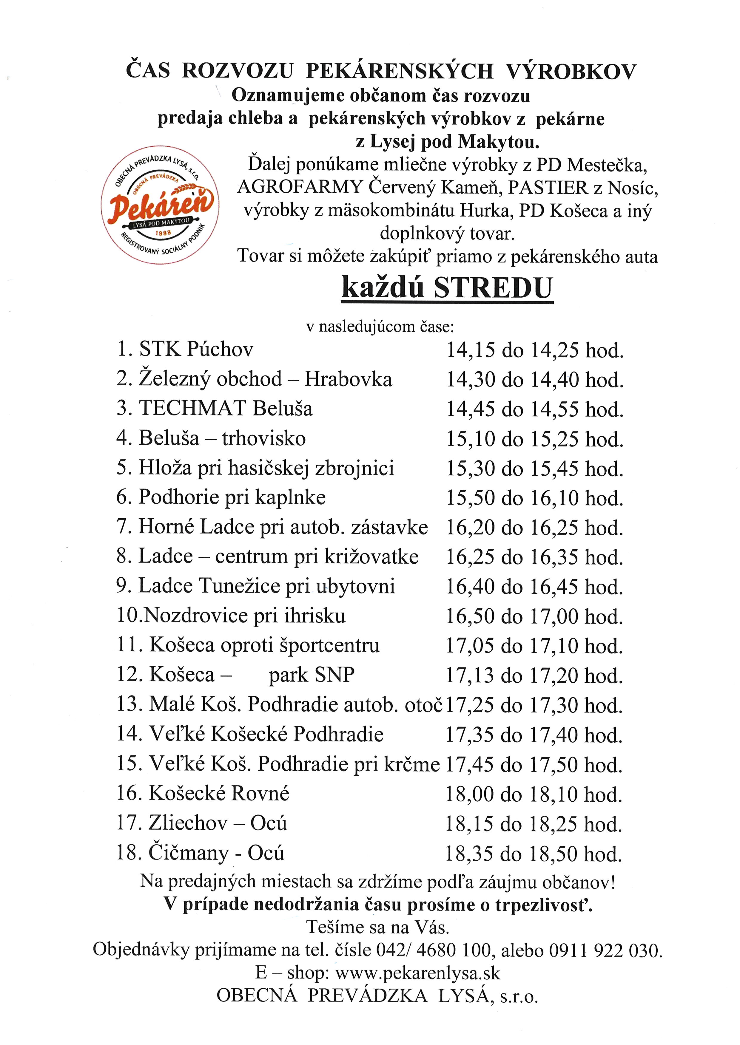 ambulantn� predaj chleba Ladce a okolie