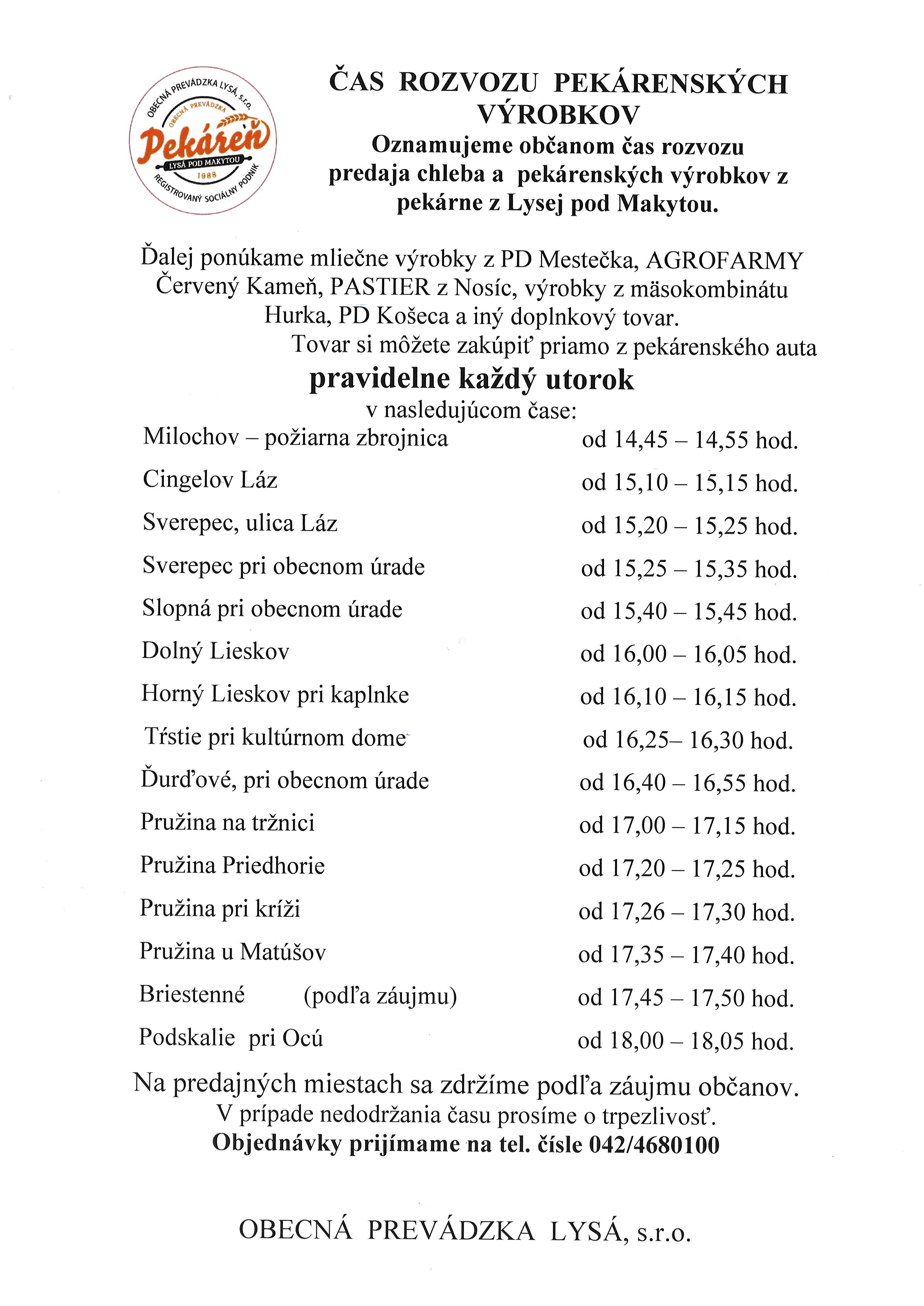 rozvoz chleba Pru�ina a okolie